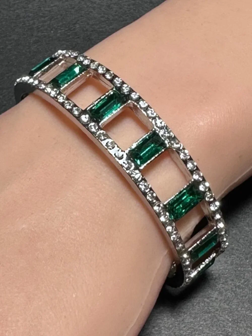 Art Deco Style Bangle Bracelet Emerald Cut Rhinestones Clear Pave Silver Toned